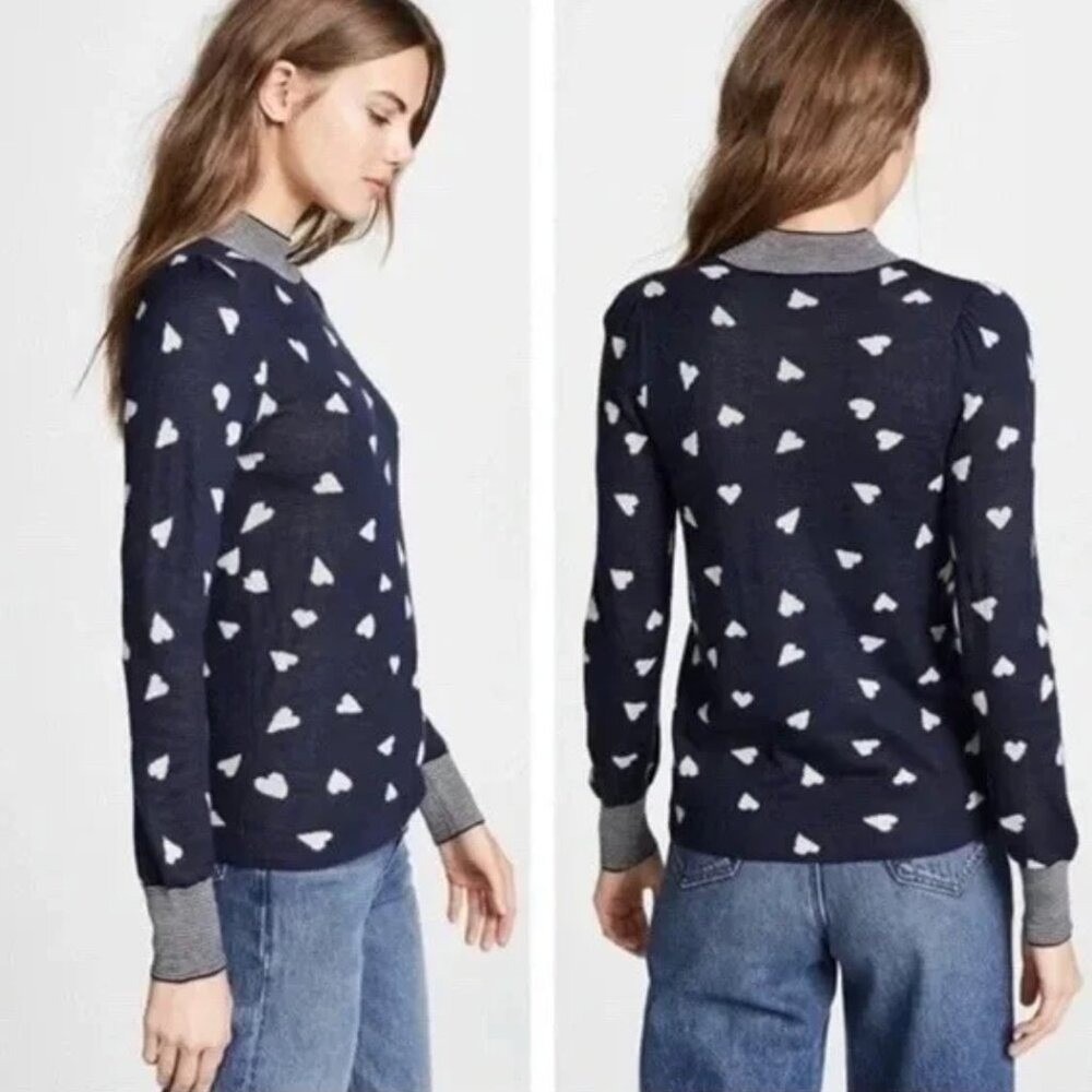 Rebecca Taylor Navy Blue Heart Print Mock Neck Knit Sweater‎ XS Striped Trim